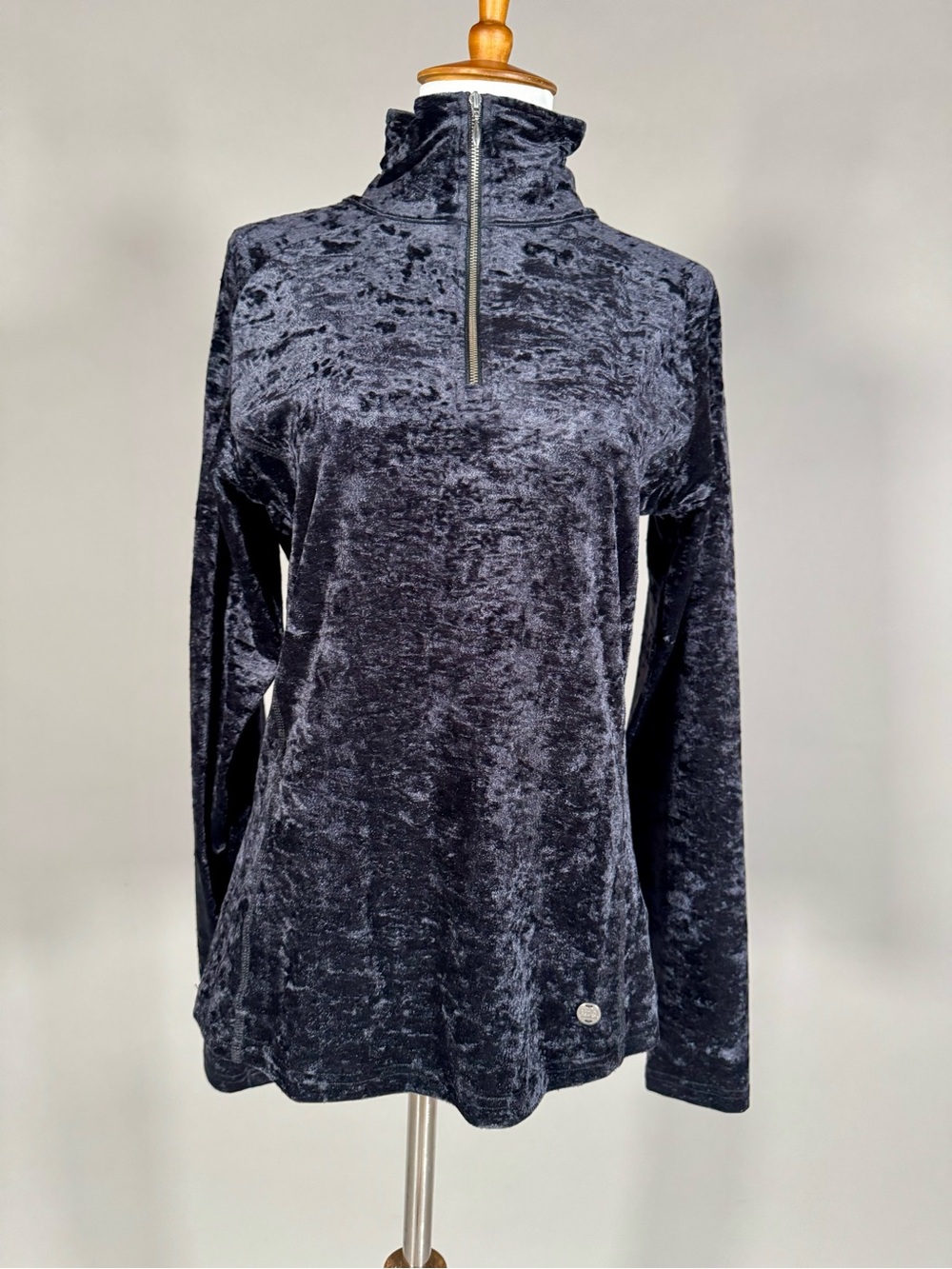 NILS Crushed Velvet Half-Zip Mock Neck Top - Black